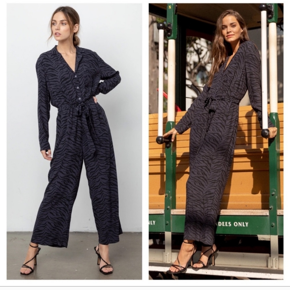 Rails Jumpsuit Callen Wide Leg Charcoal Gray Tiger Stripe Button Front S… - Picture 2 of 12